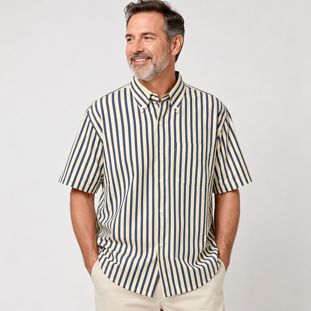 Maus & Hoffman Solemare Button Up Shirt Mens 2XL Yellow Blue Stripe Short Sleeve